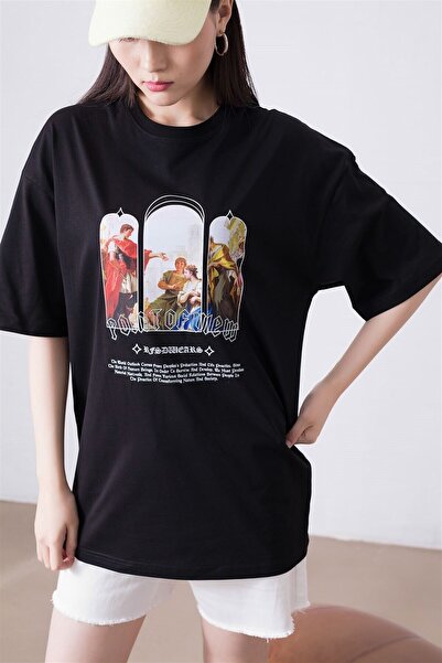 FECCY Tricou negru oversize unisex Point Of View