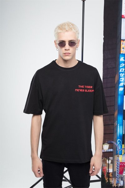 FECCY Tricou Tiger supradimensionat pentru bărbați, negru