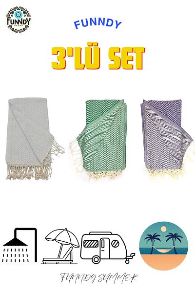 FUNNDY Set of 3 Peshtemal Beach Towels - 100% Cotton, XXL 100x180cm, Summer