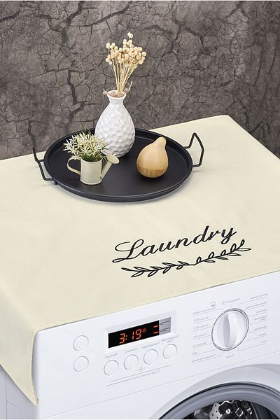 HOMELKA Washing Machine Cover Embroidered Liquid Proof Fabric Cream Color