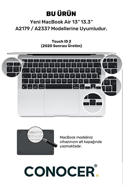 CONOCER Macbook Air 2020 13 Inc M1 A2337 / A2179 Uyumlu Türkçe Q Klavye Slim Klavye Koruyucu Kılıf