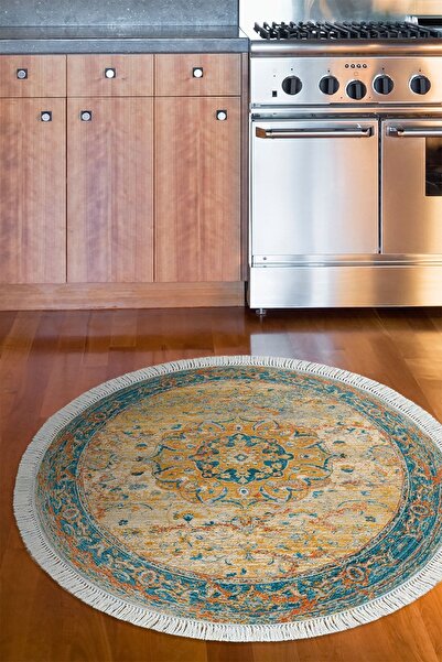 Alanur Home Eko Trend Dijital Kaymaz Taban Salon Halısı P1356 Yuvarlak Vintage Turkuaz