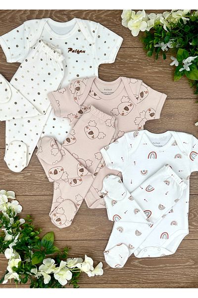 PATSAN Cotton 6-Piece Baby Set - 3 Snap Body + 3 Booties Bottom, Rainbow and Koala Points