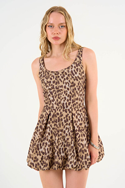 LOOSH Kadın Camel Leopar Desen Askılı Mini Balon Elbise