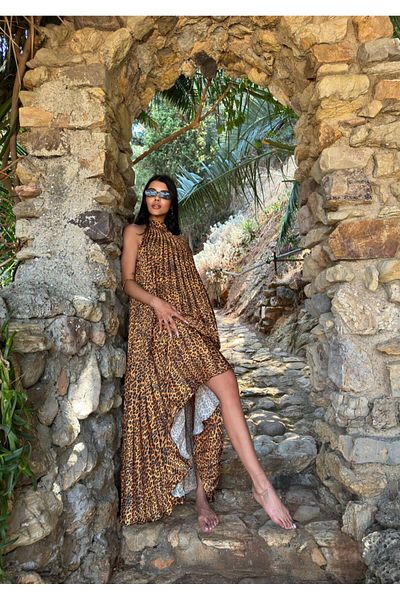 1Moda1Tarz Γυναικείο φόρεμα σε καφέ χρώμα Leopard Print - Halter Neck