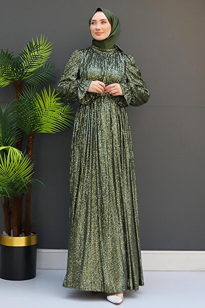 GİZ AGİYİM Khaki Colored Sequin Sequin Butterfly Evening Dress