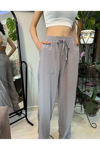 SERBA Țesătură Crinkle Viscose - Pantaloni cu buzunare cu talie elastică
