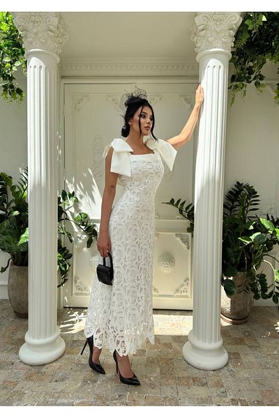 1Moda1Tarz Φόρεμα με τετράγωνο γιακά με κορδέλα ώμου με λευκή δαντέλα και γκιπούρ
