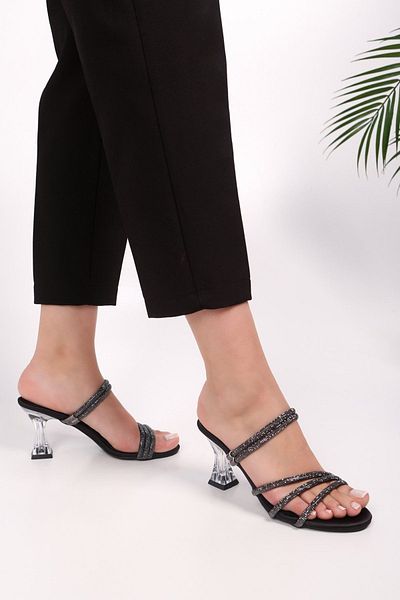 SOLMAZ YEDA BLACK SATIN STONE HEEL SLIPPERS&SHOES