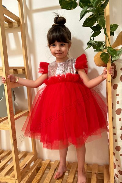 penu baby kids Girl's Red Sequined Tulle Skirt Dress