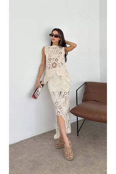 1Moda1Tarz White Lace Patterned Knitwear Blouse and Skirt Set - Summer, Bottom-Top Set