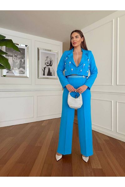 1Moda1Tarz Blue Imported Fabric Tasseled Women's Jacket and Chain Belt Trousers Set