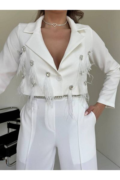 1Moda1Tarz White Tassel Detailed Women's Jacket and Chain Belted Trousers Set
