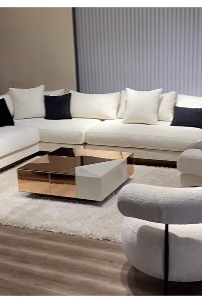 LUXURY VİLLA LUXURY Roz Aynalı Beyaz Camlı Tekerlekli Orta Sehpa 90x90 Yükseklik 30 Cm