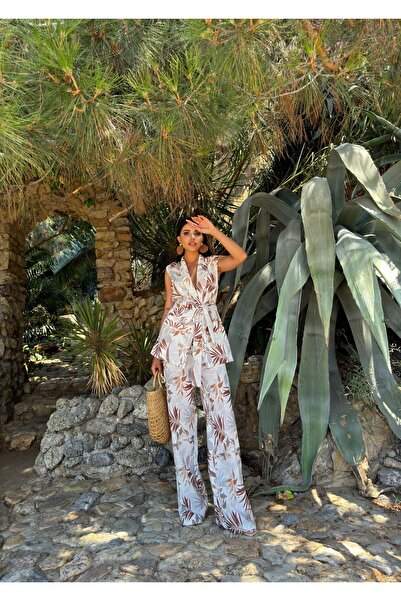 1Moda1Tarz White Floral Patterned Crepe Fabric - Belted and Lined Design Jacket and Pants Set