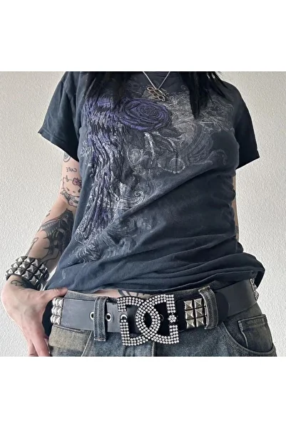 Karakedi Unisex Gothic Punk T-Shirt - Blue Rose Printed, Short Sleeve