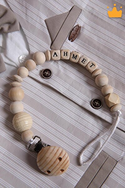 Babyhola Özel Kutulu Erkek Bebek Hediyesi Isim Yazdırılabilir Doğal Ahşap Emzik Zinciri Askısı Tutucu 1075