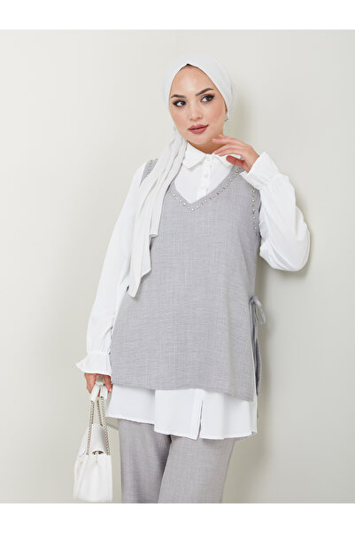 VOLT CLOTHİNG Linen Women's Shirt Set - Side Tie and Stone Embroidered Set of 3