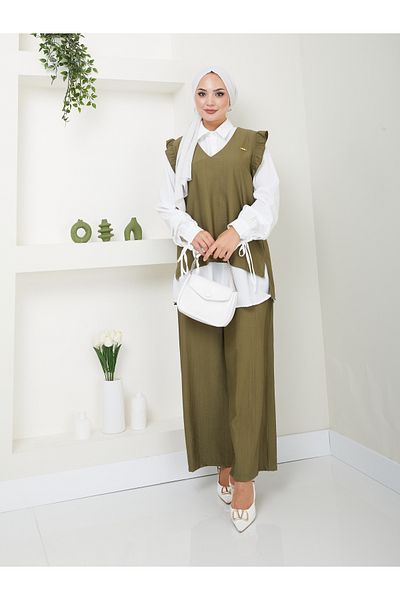 VOLT CLOTHİNG Trend Fabric Γυναικείο Σετ Hijab - Σετ Πουκάμισο και Γιλέκο 3 τεμαχίων