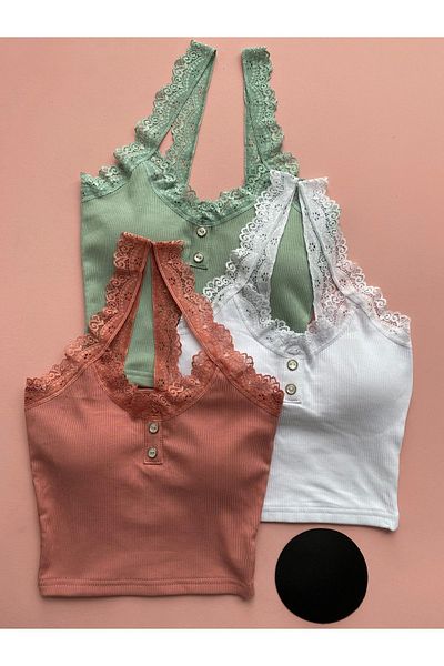 LEYNA BUTİK 3 Pieces Women's Blouse with Corded Fabric and Lace Detail - Half Undershirt with Removable Pads (Dried Rose-White-Green)