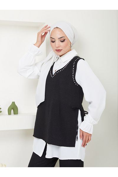 VOLT CLOTHİNG Sada lněných dámských košil – sada 3 kusů se zavazováním na bocích a výšivkou s kamínky