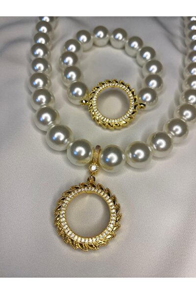 ENT COLLECTİON Yarım Altın Uyumlu Incili Kolye Ve Bileklik Seti - Yarım Çerçe...