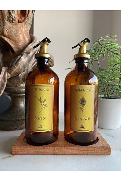 TAMU 2'li Ahşap Standlı Amber Zeytinyağı Sıvıyağ Şişesi Yağdanlık Yağlık Gold...