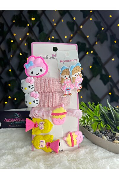 NEHİRDEN Hello Kitty Figürlü Büyük Boy Çıtçıtlı Lastikli Karma Toka Seti