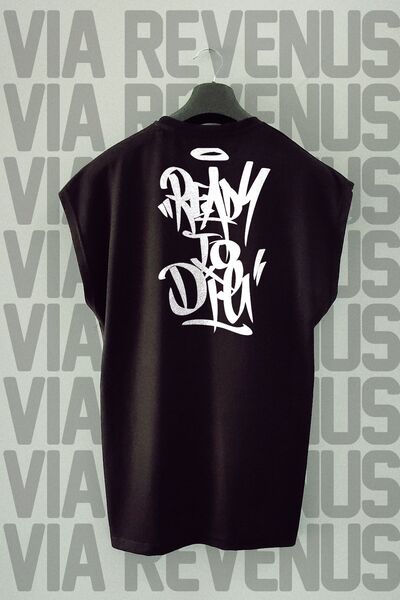 Vordevia Tricou negru de fitness - gata de plecare, imprimat pe spate, mâneci zero