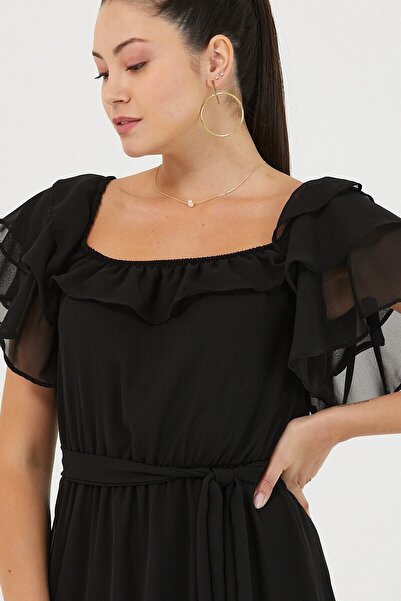 ADASTYLE Madonna Yaka, Şifon, Siyah Çekim Elbisesi