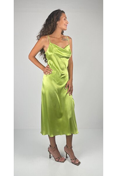 Socrates Safir  İnce Askılı Degaje Yaka Uzun  Saten İpek  Elbise