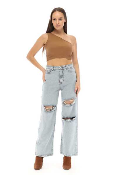 Vovikon Сині джинси з лазерним вирізом - Boyfriend з широкими штанинами