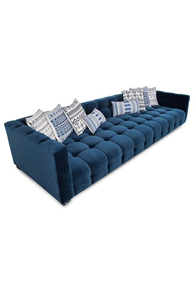 Different Design Indigo 3'lü Modern Mavi Kadife Koltuk Üçlü Kanepe