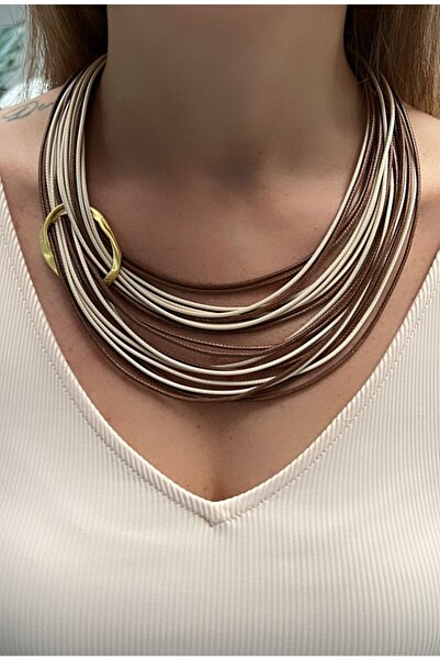 Kutcha Accessories Kahverengi Krem Çoklu Görünüm Tasarım Dekolte Kolye,gold