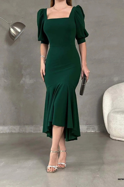 Planet Prestige Κρεπ ύφασμα πράσινο μακρύ φόρεμα - τετράγωνος γιακάς, κοντό μανίκι πριγκίπισσας