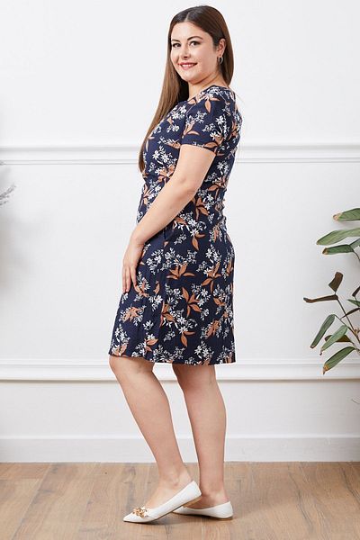 Freeista Navy Blue-Brown Plus Size Patterned Dress
