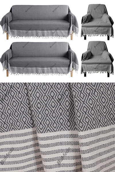 Bumedo طقم غطاء أريكة سرير منسوج من القطن فردي وثلاثي بذراعين 3-3-1-1 أنثراسايت