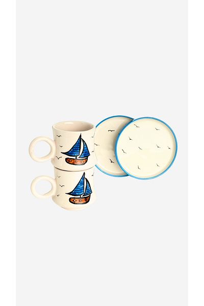 Gezdikçe Bilelim 2-Piece Set Sea Themed Handmade Boiler Ceramic Coffee Cup, Coffee Cup