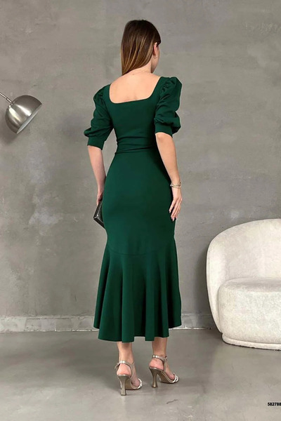 Planet Prestige Κρεπ ύφασμα πράσινο μακρύ φόρεμα - τετράγωνος γιακάς, κοντό μανίκι πριγκίπισσας