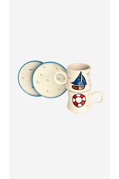 Gezdikçe Bilelim 2-Piece Set Sea Themed Handmade Boiler Ceramic Coffee Cup, Coffee Cup