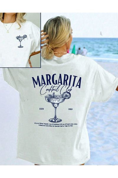 AEMİ Margarita Printed Γυναικείο Oversize Λευκό T-shirt - Crew Neck