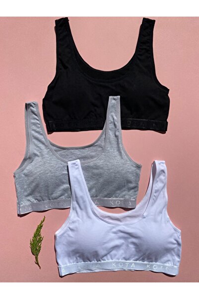 LEYNA BUTİK Set de 3 sutien sport negru, alb și gri - țesătură pieptănată cu ...