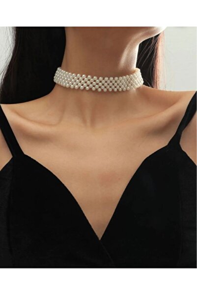 SmY Bag Tasarım El Örgüsü Inci Kolye Krem Rengı Choker Vıntage