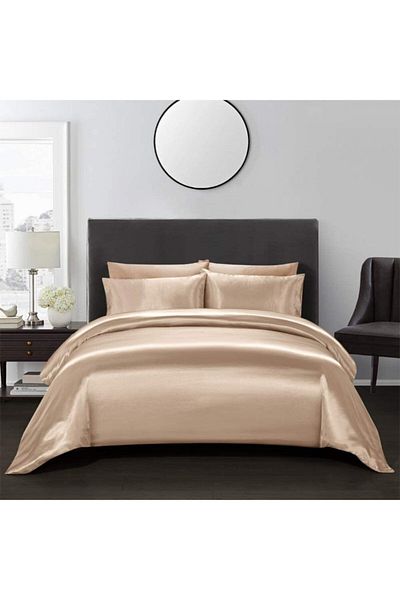 Silk Cocoon Set lenjerie de pat din bumbac texturat din mătase bej, 4 piese, satin, 160x200cm, cu cearșaf de pat