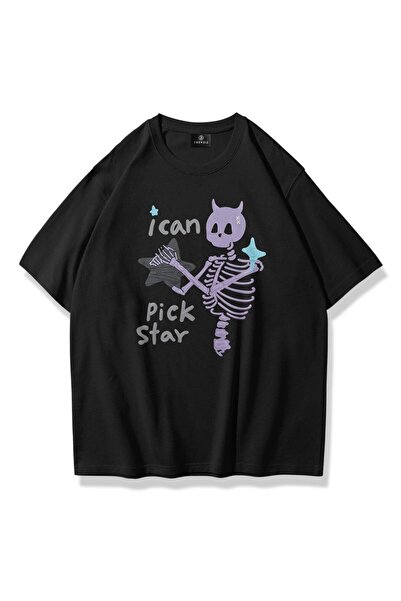 FECCY Oversize Unisex I Can Pick Star Tshirt Siyah
