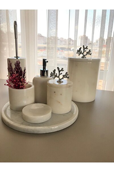medmarbleart 7 Li Banyo Seti Gümüş Mercanlı Banyo Takımı Katı Sabunluklu Bany...