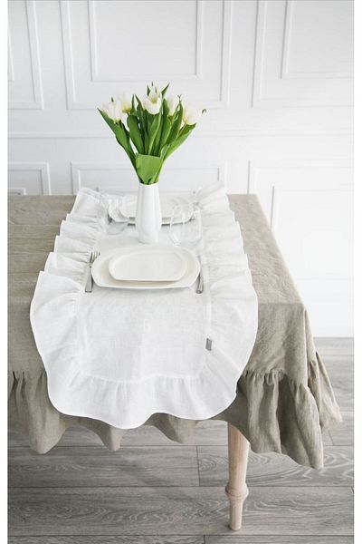 EVYA Frilly Vintage Runner 40x140 cm 100% bumbac lenjerie brută față de masă decorativă elegantă