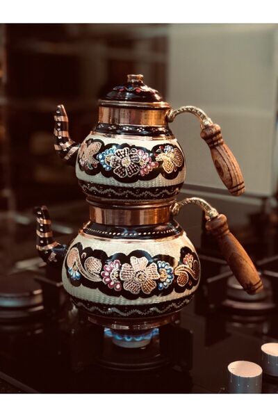 EvixHome إبريق شاي نحاسي مطلي يدويًا مطرز بالأرزينكان حجم كبير