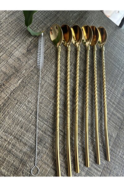 DİBA AVM 22Cm7 Piece Stainless Chrome CocktailBarSet -LatteSpoon with Straw and Cleaning Brush