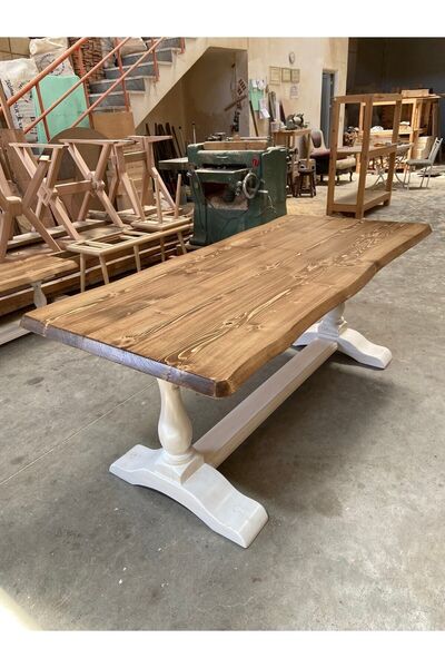 EMEL AHŞAP Doğal Masif Ahşap Beyaz Aslan Ayaklı Kütük Masa,190*90 Cm, Yemek-m...
